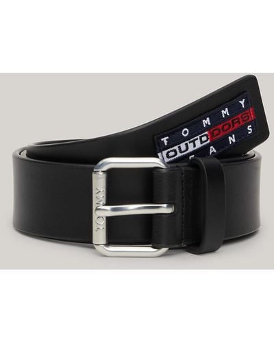 Tommy Hilfiger Logo Patch Roller Buckle Leather Belt - Black