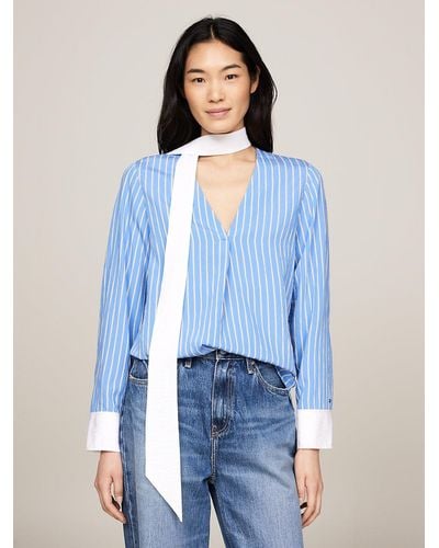 Tommy Hilfiger Self-tie V-neck Stripe Relaxed Fit Blouse - Blue