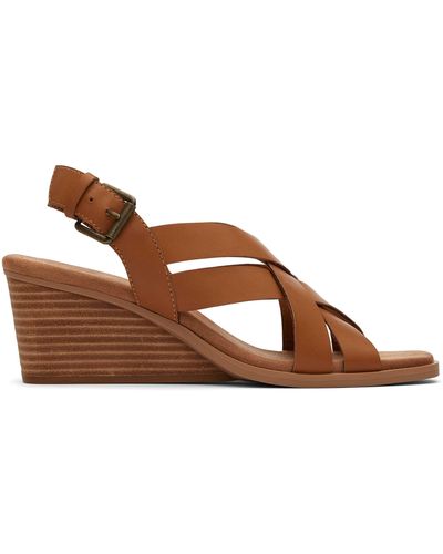 TOMS Tan Leather Wedge Strap Sandal Heel Shoe Gracie - Brown