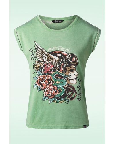 Queen Kerosin 50s Snake Girl T-shirt - Groen
