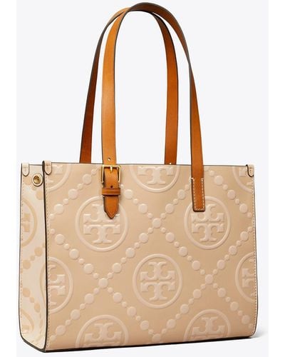Tory Burch Small T Monogram Contrast Embossed Tote - Natural