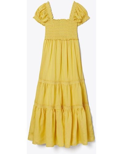 Tory Burch Smocked Silk And Viscose Dress - Yellow