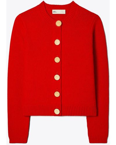 Tory Burch Logo Button Wool Cardigan - Red