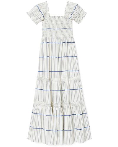 Tory Burch Striped Smocked-bodice Midi Dress - Blue