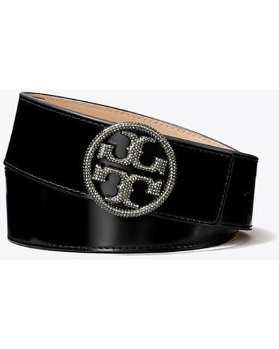 Tory Burch 1.5" Miller Crystal Embellished Spazzolato Belt - Black