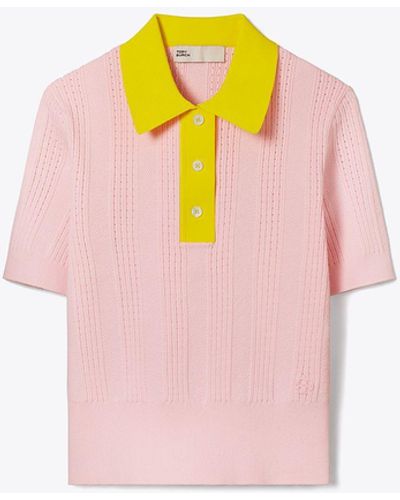 Tory Burch Cotton Pointelle Polo Sweater - Pink