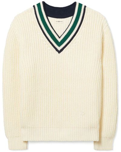 Tory Sport Gerippter Pullover Aus Baumwolle Mit Chevron-Muster Und V-Ausschnitt - Weiß