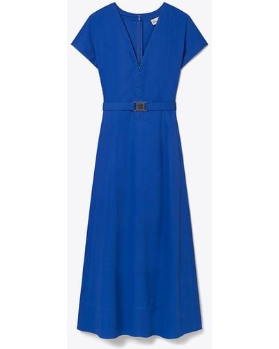 Tory Burch Waisted V-neck Poplin Dress - Blue