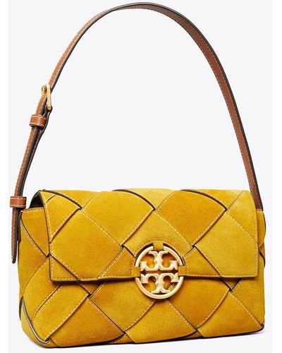 Tory Burch Oversized Miller Suede Woven Flap Shoulder Bag - Yellow