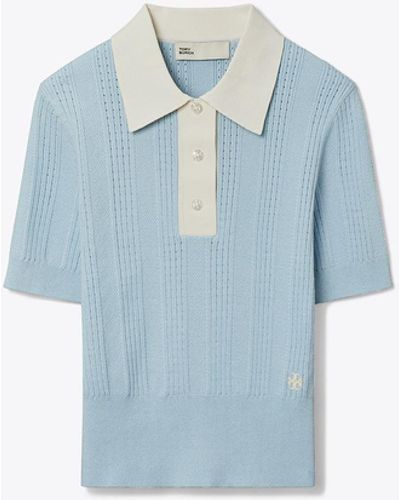 Tory Sport Tory Burch Cotton Pointelle Polo Sweater - Blue