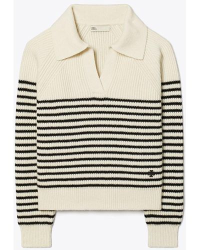 Tory Sport Tory Burch Striped Open Collar Wool Sweater - White