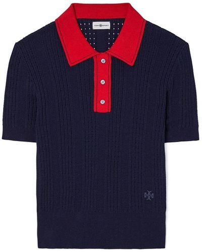 Tory Sport Cotton Pointelle Polo Sweater - Blue