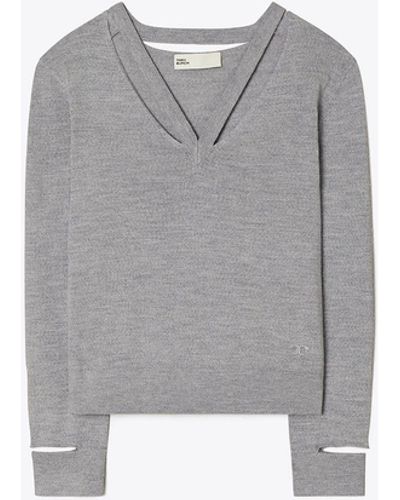 Tory Burch V-Neck Wool Pullover - Grey