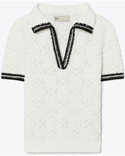 Tory Burch Cotton Pointelle Knitted Polo Shirt - White