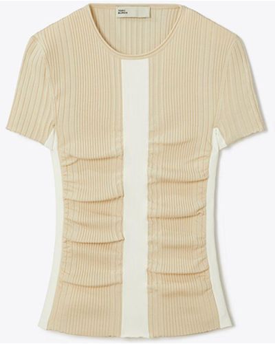 Tory Burch Ruched Wool Short Sleeve Sweater Top - White