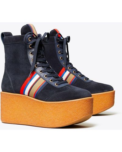 Tory Burch Striped High-top Platform Sneakers Boots - Blue
