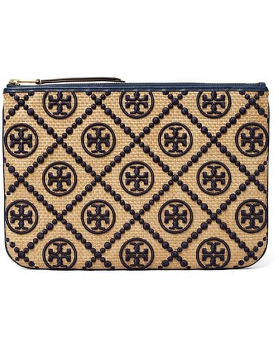 Tory Burch T Monogram Embroidered Straw Pouch - Blue