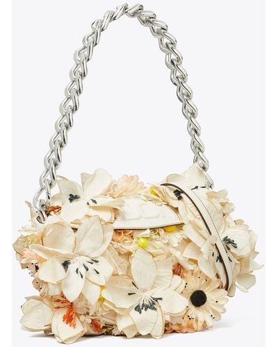 Tory Burch Mini Fleming Soft Floral Embellished Crescent Bag - White