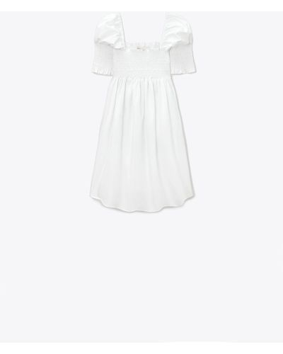 Tory Burch Smocked Cotton Mini Dress - White
