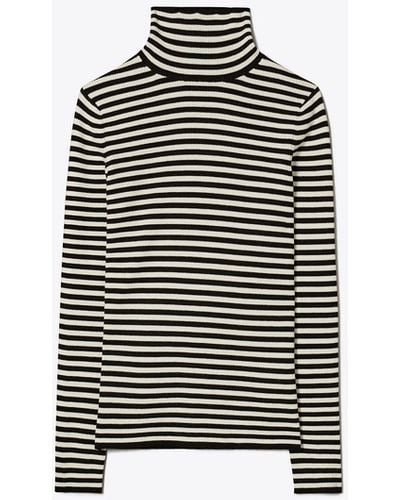 Tory Sport Tory Burch Striped Wool Ribbed Turtleneck - White