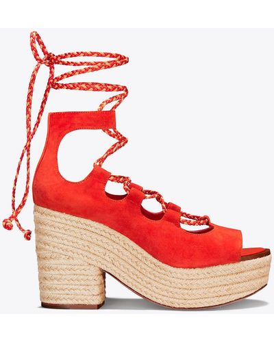 Tory Burch Positano Lace-up Platform Espadrille - Red
