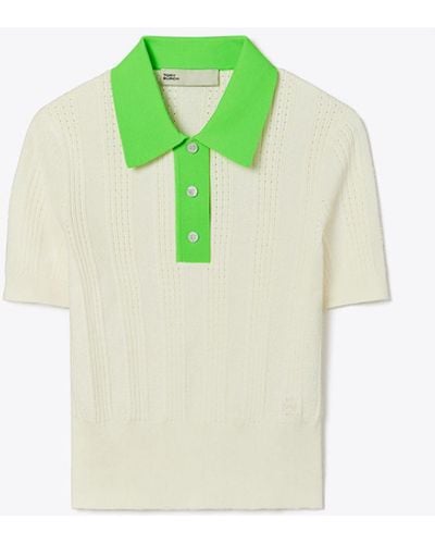 Tory Burch Tory Burch Cotton Pointelle Polo Sweater - Green