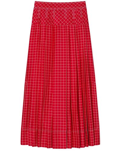 Tory Burch Windowpane Silk Pleated Skirt - Red