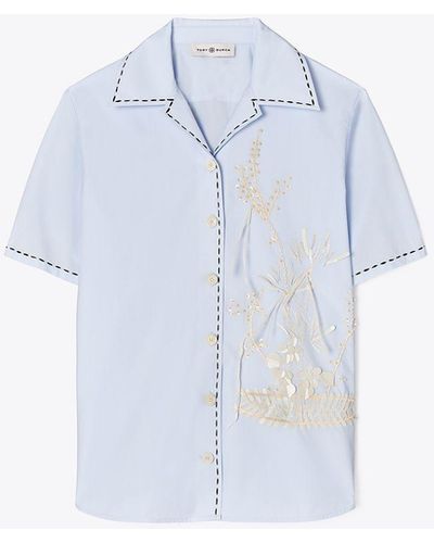 Tory Burch Embroidered Camp Shirt - Blue