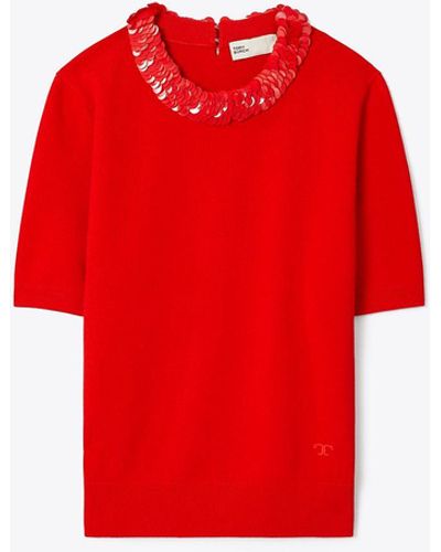 Tory Burch Wool And Sequin Short-sleeved Sweater - Red