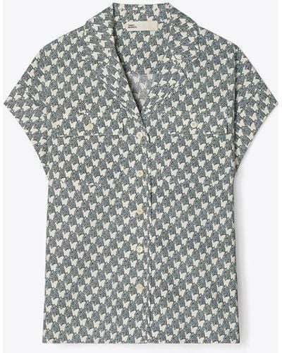 Tory Burch Printed Cotton Poplin Camp Shirt - Grey