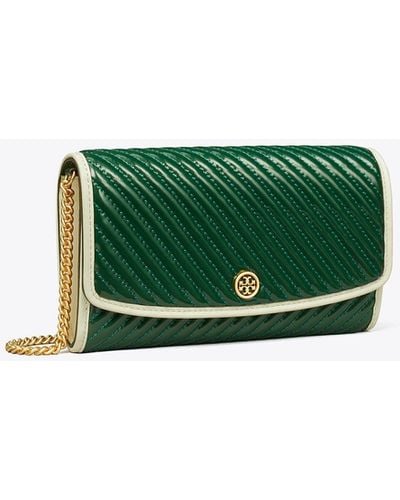 Tory Burch Robinson Patent Quilted Chain Wallet - Green