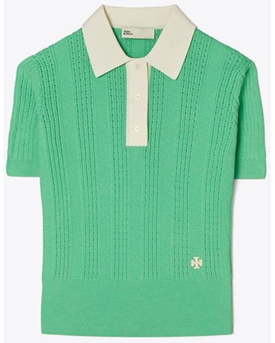 Tory Sport Tory Burch Cotton Pointelle Polo Sweater - Green