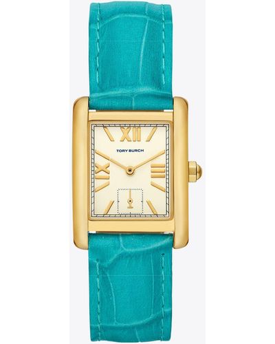 Tory Burch Eleanor Watch, Croc Embossed Leather/gold-tone Stainless Steel - Black