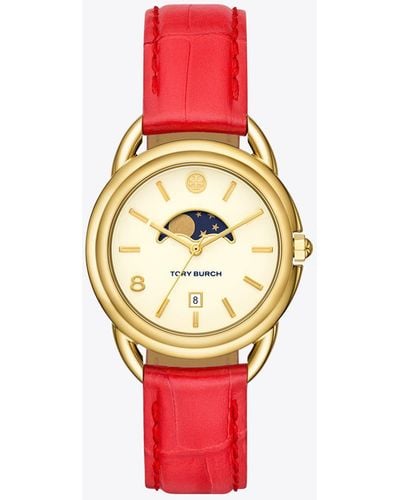Tory Burch Miller Moon Watch With Leather Strap - Red