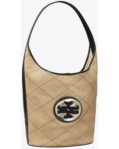 Tory Burch Quilted Linen Woven Double T Oversized Hobo - White