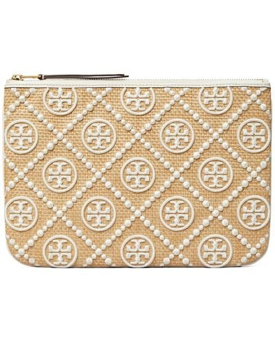 Tory Burch T Monogram Embroidered Straw Pouch - Multicolour