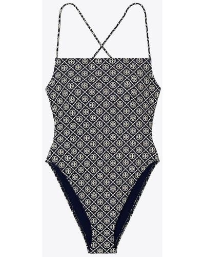 Tory Burch Printed Tie-back One-piece Swimsuit - Grey