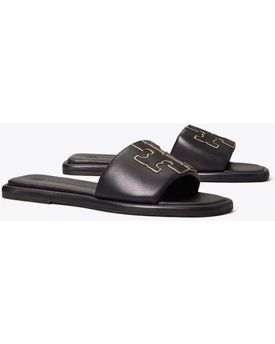 Tory Burch Double T Leather Slides - Black