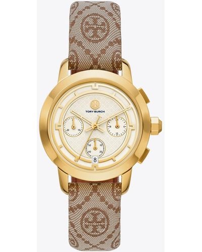 Tory Burch T Monogram Tory Watch, Jacquard/Luggage Leather/gold-tone Stainless Steel, 37 X 37mm - Black