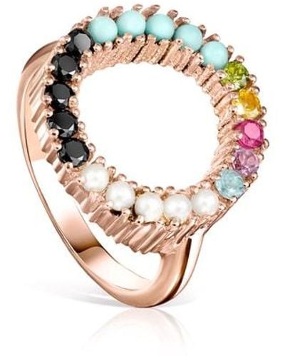 Tous Straight Disc Ring In Rose Silver Vermeil With Muticolor Gemstones - Metallic