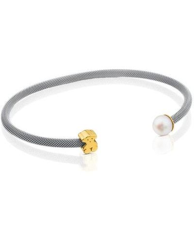 Tous Steel And Gold Icon Mesh Bracelet With Pearl And Bear Motif - Metallic