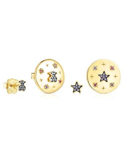 Tous Pack Of Silver Vermeil Magic Nature Disc Earrings With Gemstones And Diamonds - Multicolor