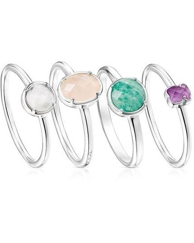 Tous Pack Of Four Silver And Gemstones Cool Color Rings - Metallic