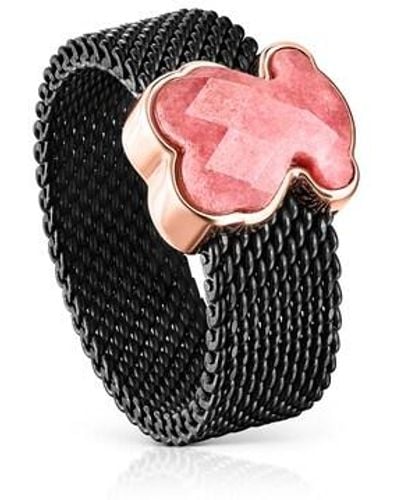 Tous Black Ip Steel Mesh Color Ring With Rhodonite Bear Motif - Metallic