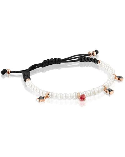 Tous Motif Bracelet With Pearls And Black Cord In Rose Silver Vermeil And Gemstones - Multicolor