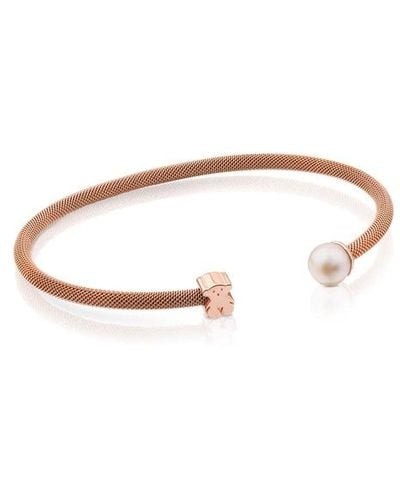 Tous Steel And Rose Vermeil Silver Icon Mesh Bracelet With 6,5mm Pearl - Multicolor