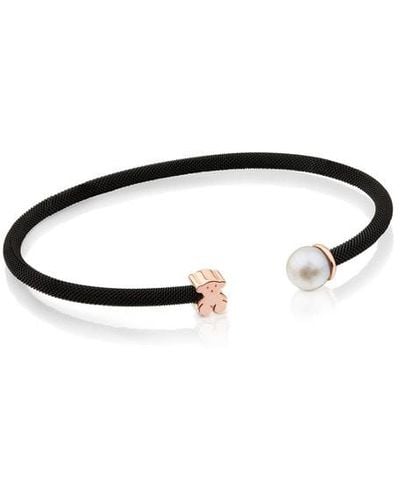 Tous Black Ip Steel And Rose Vermeil Silver Icon Mesh Bracelet With 6,5mm Pearl - Brown
