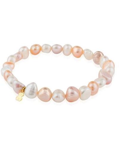 Tous Gold Pearls Bracelet With Multicolor Baroque Pearls And Bear Motif - Pink
