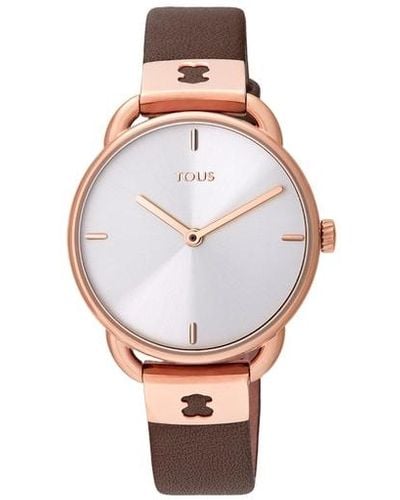 Tous Rose Ip Steel Let Leather Watch With Brown Leather Strap - Pink
