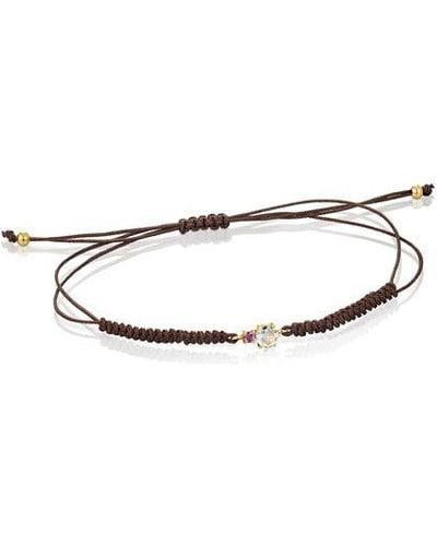 Tous Mini Ivette Bracelet In Gold With Prasiolite, Amethyst And Brown Cord - Multicolor